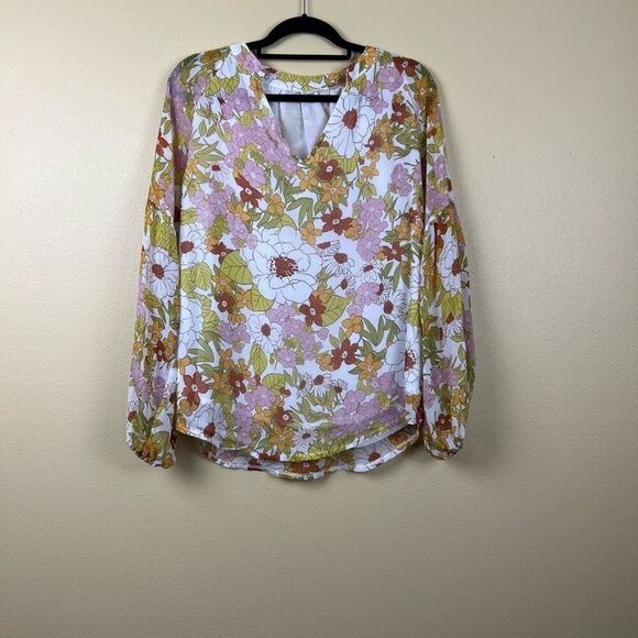 Floral Blouse Top Boho Pullover V neck Long Sleeve Size M - Picture 2 of 5